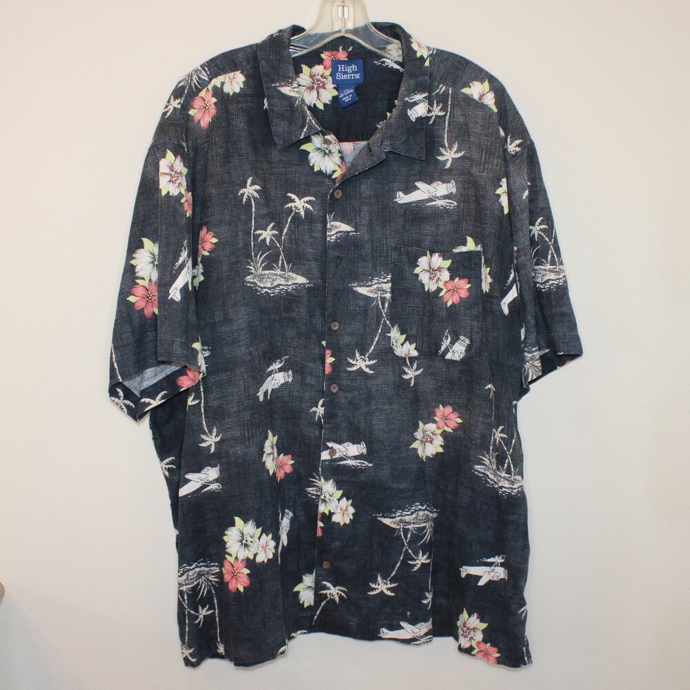 High Sierra XXL Hawaiian shirt dark gray seaplane palm trees cotton/linen